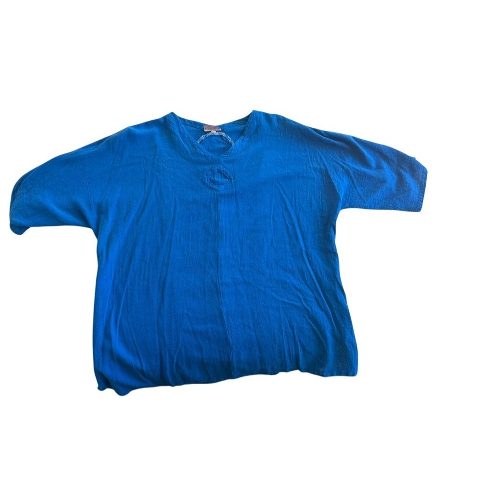 "Oh My Gauze!" Women Royal Blue Cotton Gauze SZ L Tunic Top Short Sleeve Keyhole
